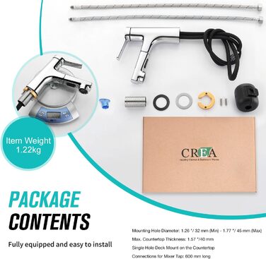 Сучасний змішувач для ванної кімнати CREA з висувною лійкою, 2 режими струменя, з міді, хром, для умивальника