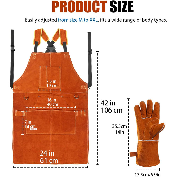 Швейний фартух QeeLink зі шкіри з рукавичками, 6 кишень, вогнестійкий та жаростійкий, коричневий