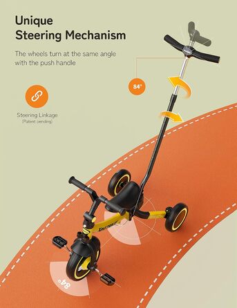 Бесрей 5-в-1 Дитячий Біговел, Триколісний Велосипед для Малюків 1-4 Років (Жовтий з Ручкою)