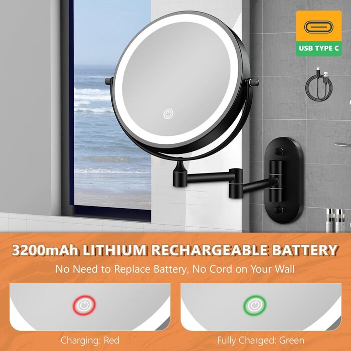 Дзеркало для макіяжу Auxmir з підсвічуванням, 1X/ Акумуляторний, 3200mAh, для гоління, настінний, з регулюванням яскравості, збільшення 30X, 3 кольори світла, поворот на 360°, для ванної кімнати (Чорний)