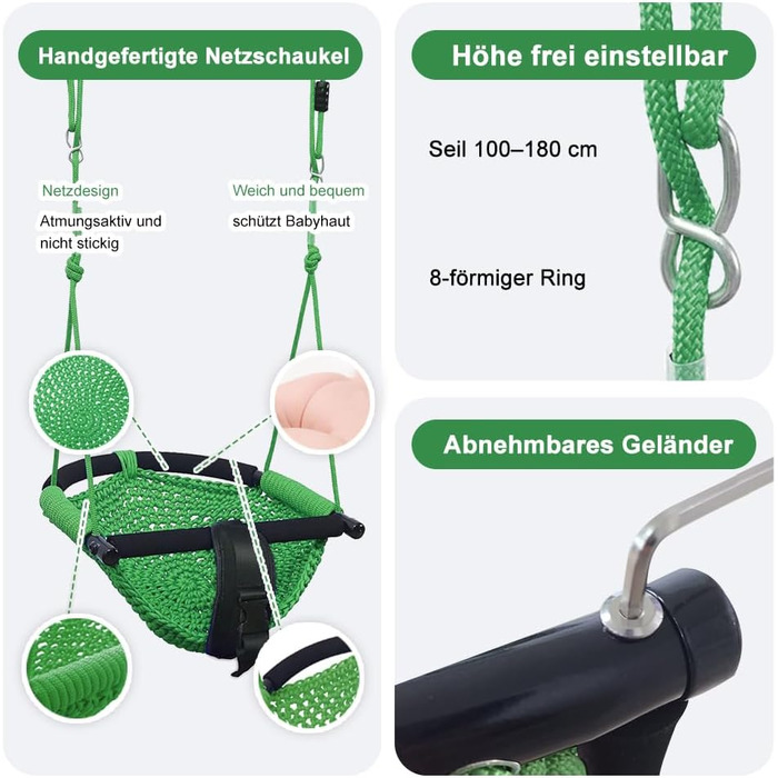 Двомісна гойдалка Nets Tribe 2-в-1 для малюків. Гойдалка для дітей з регульованими мотузками, міцна гойдалка-ігровий набір для дому та саду. (Зелений)