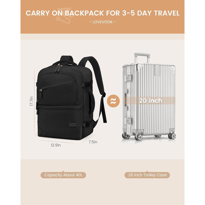 LOVEVOOK Рюкзак для ручної поклажі 40L, рюкзак для подорожей для жінок, великий, для літака з відділенням для мокрого та сухого, для ноутбука 17.3
