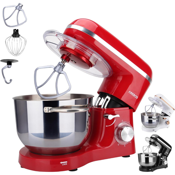 Кухонна машина Arebos 1500W з чашею 6L з нержавіючої сталі | Змішувач, гак для тіста, вінчик | Кришка від бризок | 6 швидкостей | Кухонний комбайн | Машина для тіста (червона)