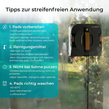 Робот-прибиральник вікон KLAMER 3500 Pa – автоматичний мийник вікон з резервуаром для води 100 мл, функція вологого прибирання, розпізнавання країв, тиха робота 60 дБ, захист від падіння та інтелектуальне планування маршруту (Чорний)