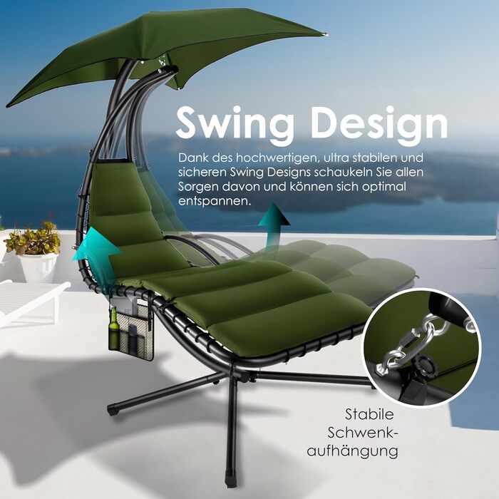 Кесер® Розкішна гамак-шезлонг з сонцезахисним козирком, 194x100 см, до 120 кг, з подушкою для шиї та сумкою (Хакі)