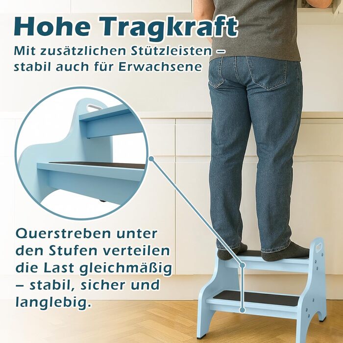 Дерев'яний трисходовий стільчик для дітей Tritthocker – безпечний, з антиковзним покриттям, для ванної та кухні, скандинавський дизайн, колір: натуральний (блакитний)