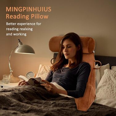 Подушка для читання MINGPINHUIUS XL для ліжка та дивана з знімною подушкою для шиї, ідеальна для дорослих, з піною з пам'яті для комфортного читання, роботи, ігор, перегляду телевізора та відпочинку (Коричнева)