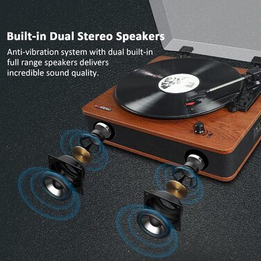 Програвач вінілу VOSTERIO з Bluetooth, Hi-Fi стереодинаміками, ретро дизайн, 3 швидкості, FM-радіо, USB, TF, Aux-In, RCA, LED-дисплей, функція перетворення вініл-у-MP3