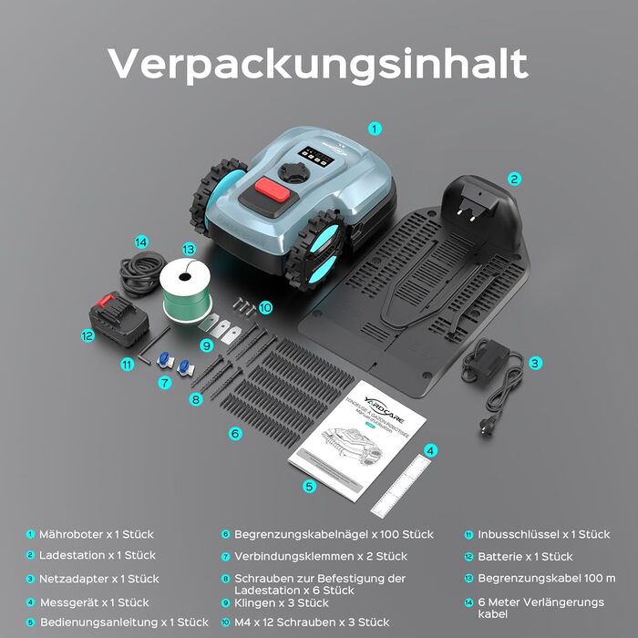 Робот-газонокосарка YARDCARE E400 з шириною скошування 18 см, керуванням через додаток, для газонів до 400 м², сенсором дощу, висотою скошування 20-60 мм, рівнем шуму менше 60 дБ, водозахистом IPX5