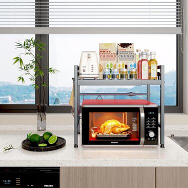 Регульована полиця для мікрохвильової печі, розширювана підставка-органайзер для кухні, міцний металевий каркас, з 8 гачками (2-рівнева, сіра)