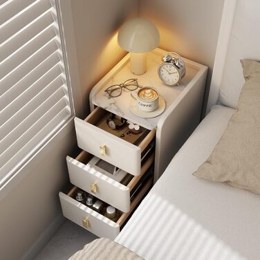 Нічний столик AQIMUELE, білий, з 3 шухлядами, 30 см, без встановлення, з екошкірою