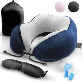 Вісімдесят ріжків для шиї, ортопедична подушка для шиї, спальна піна з ефектом пам'яті для літака, автобуса, поїзда, з масками для сну і дорожньої подушкою для перенесення (синя)
