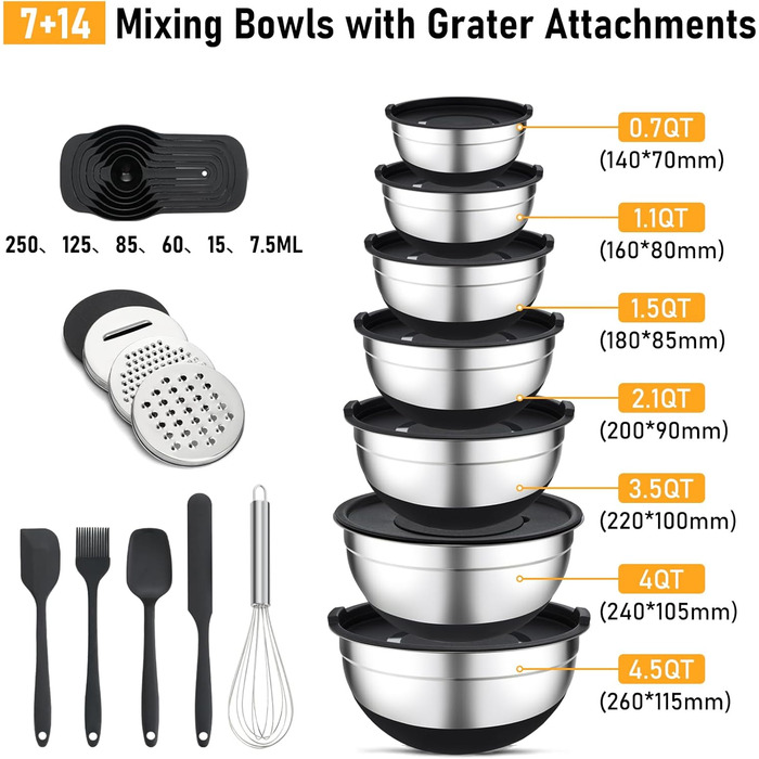 Набір міксерів Unokit з кришкою, 7 шт. з нержавіючої сталі з 3 тертками, антиковзаюча силіконова основа, набір міксерів, об'єм 4.5, 4, 3.5, 2.1, 1.5, 1.1, 0.7 Qt для змішування, подачі