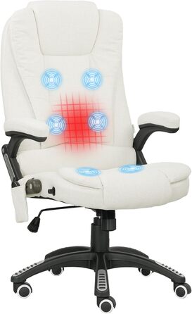 Крісло офісне Vinsetto з масажем, підігрівом та регулюванням нахилу. Ергономічне крісло для начальника з підлокітниками, функцією лежання, обертання на 360° та бічною кишеню. Обивка з льону, кремово-білий колір. Матеріал: 100% поліестер.