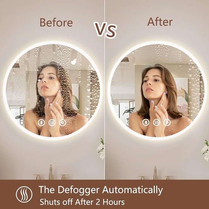 Дзеркало для ванної кімнати Habison з підсвічуванням 70x70 см LED, з годинником, сенсорним вимикачем, регулюванням яскравості, протизапобіжним покриттям, 3-кратним збільшенням, Bluetooth