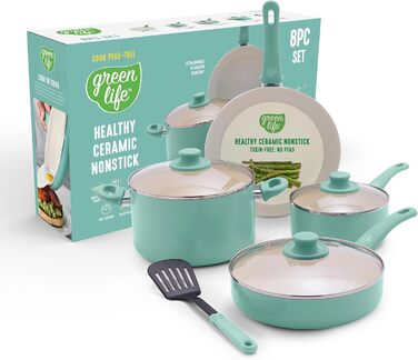 Набір кухонного посуду GreenLife Soft Grip 8 предметів, керамічне антипригарне покриття, нетоксичний, без PFAS, з кришками, для смаження, тушкування, соусів, посудомийна машина