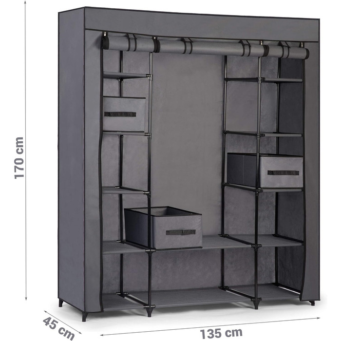 Мобільний текстильний гардероб Massido Тканинна шафа Розкладна шафа Текстильна шафа Висувні ящики Gaderobe XXL (графіт)
