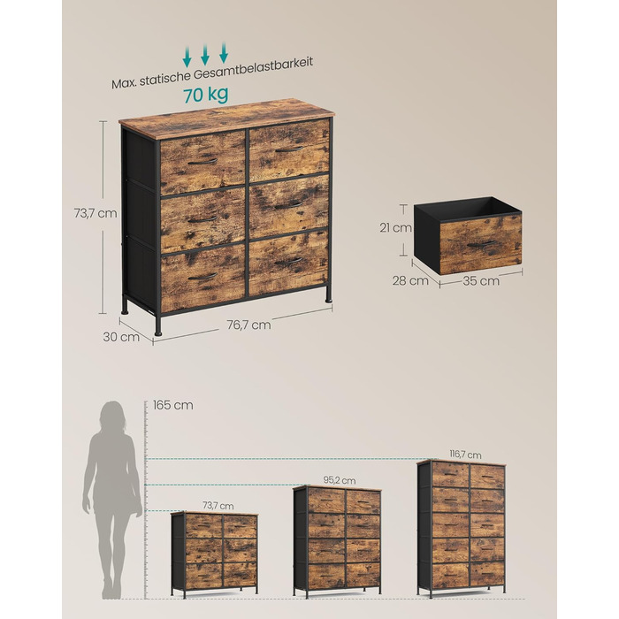 SONGMICS Комод з 8 висувними ящиками, шафа для зберігання, сталь, MDF, флізелін, для спальні, прихожої, вітальні, вінтажний коричневий + чорний, LGS124BH04