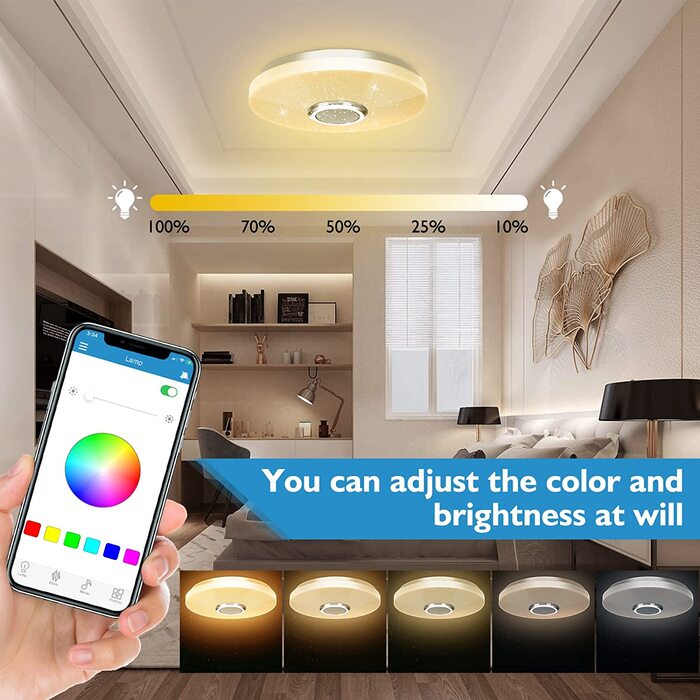 Світлодіодний стельовий світильник потужністю 36 Вт з Bluetooth-динаміком, інтелектуальний стельовий світильник з дистанційним управлінням і управлінням додатками, зміна кольору RGBW, одноразовий