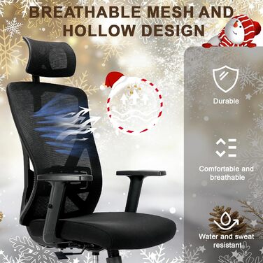 Ергономічне офісне крісло з підголівником та поперековою підтримкою, поворотне, з регульованими підлокітниками, чорне, для дому та офісу