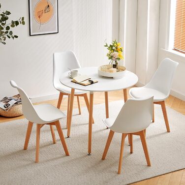 Круглий кухонний стіл WeDoо Holz, 80x80x74 см, натуральне дерево, скандинавський стиль, білий, 3 ніжки