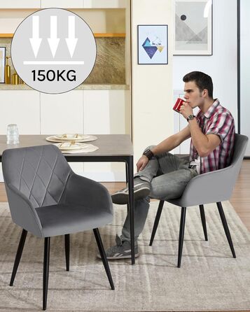 Набір обідніх стільців WOLTU з підлокітниками та спинкою, для кухні, вітальні, їдальні, м'який оксамитовий чохол, металеві ніжки, темно-сірий, 8 шт.