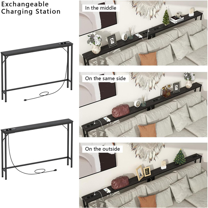 VEDECASA Консоль з 2 висувними ящиками, 2 шт. (240 x 15 x 80 см), зі стільницею, розеткою та USB-портами, чорний – для вітальні, передпокою, офісу