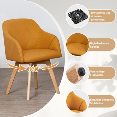 Обідальні стільці Bekrvio (2 шт) з обертанням та підлокітниками – 360° для їдальні, стільці до обіднього столу, обертаються, з м'яким сидінням, з дерев'яними ніжками з масиву бука, жовті, з тканини льон