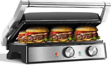 Контактний гриль Aigostar з керамічним покриттям, таймер на 30 хв. Паніні гриль та сендвічмейкер для сендвічів, стейків, тостів. 2000 Вт, регульований термостат, відкривання 180°, функція грилю