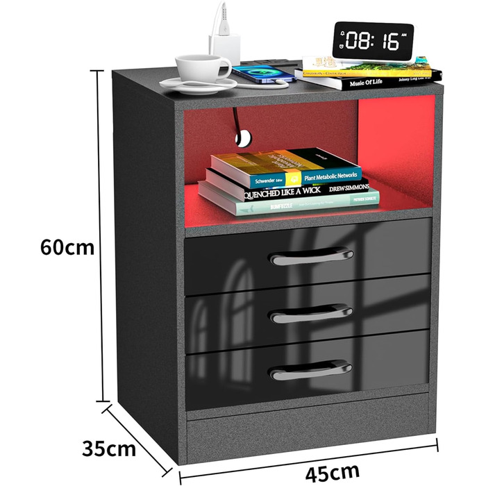 Тумбочка PIPIPOXER зі світлодіодом, велике місце для зберігання, високий глянець, 3 ящики, 45x35x52см, чорний, набір з 2 шт.