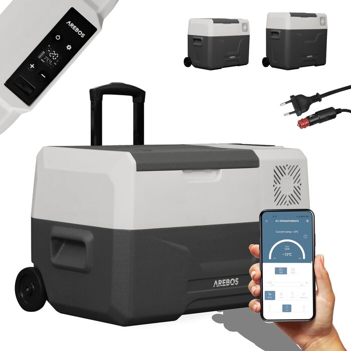 Автомобільний компресор-холодильник Arebos 27л з колесами: Електрична сумка-морозильник з APP, USB, -20°C (12/24V, 230V) для авто, кемпінгу, човна