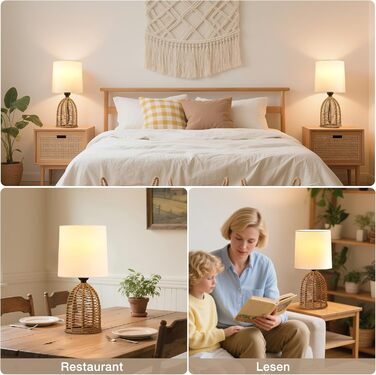 Настільна лампа GyroVu 2 шт. з ротангу, Бохо стиль, цоколь E27, для спальні, вітальні, нічний столик, читання, рустикальний дизайн