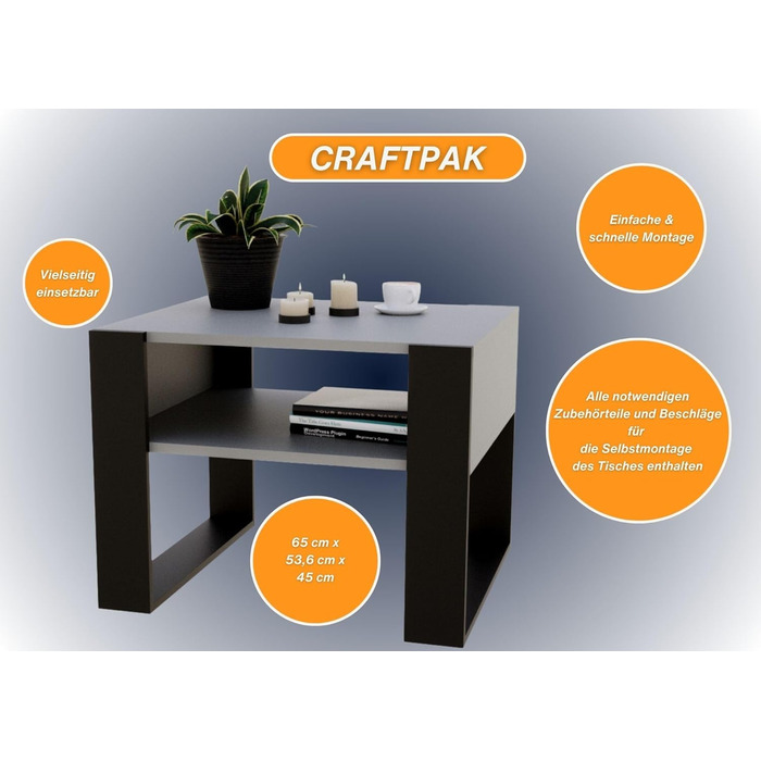 Стіл для вітальні CraftPAK для дивана з високоякісної деревини, міцний і сучасний журнальний столик з додатковим місцем для зберігання, колір (сіро-чорний)