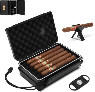 Портативний вологозберегаючий футляр для сигар на 5 сигар (50RG) з ножем, підставкою, гігрометром та зволожувачем, подарунковий набір для поціновувачів сигар (Чорний)