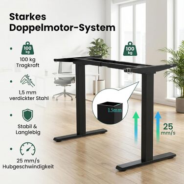 Електричний стіл Homall з регулюванням висоти, 2 мотори, підйом до 100 кг, телескопічний, пам'ять, захист від зіткнень (чорний)