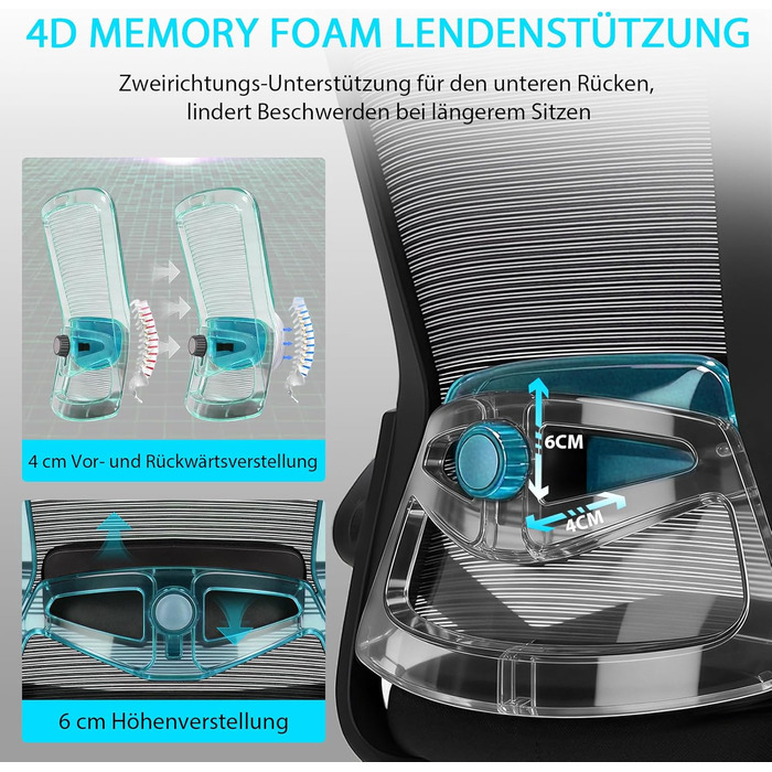 Ергономічне крісло для офісу, комп'ютерне крісло з регульованою 4D поперековою підтримкою, поворотне крісло з відкидними підлокітниками, крісло з функцією нахилу 90°-125°, сітчасте крісло до 130 кг, чорне