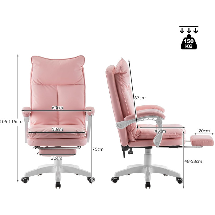 Офісне крісло TUKAILAI: ергономічне, з регулюванням висоти, підлокітники, підставка для ніг, рожеве