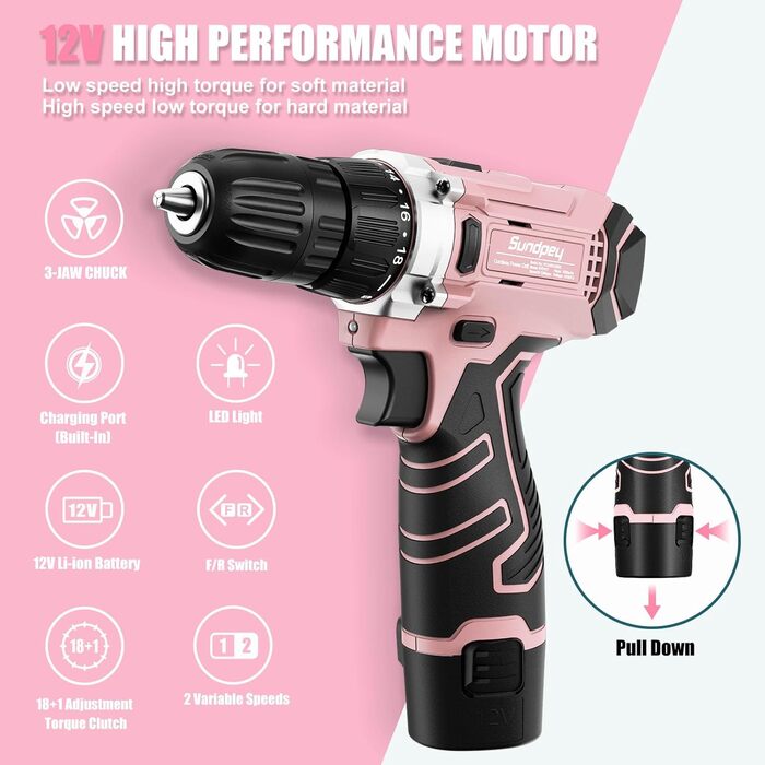 Набір інструментів Sundpey 206 предметів з акумуляторною викруткою 12V, рожевий – для дому та ремонту