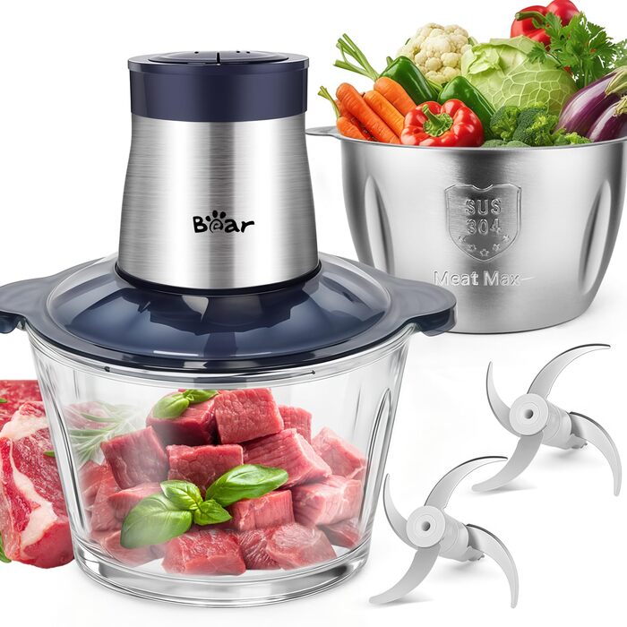 М'ясорубка електрична Bear 2л + 1.8л, подрібнювач зі скляною та нержавіючою сталлю, 600W, 2 швидкості, 4 сталеві ножі для м'яса, дитячого харчування, овочів та фруктів