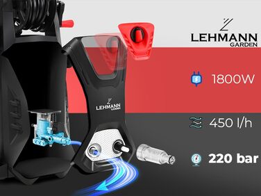 Високотискний мийник LEHMANN Hudson з алюмінієвим насосом, 1800 Вт, макс. 220 бар, продуктивність 450 л/год, комплектація: щітка для тераси, піногенератор, щітка для дисків, ідеальний для миття автомобілів