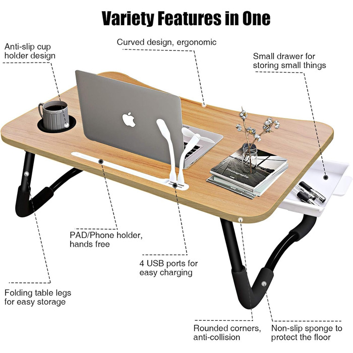 Столик для ноутбука на ліжко, складаний, з USB, ящик, підставка для планшета, тримач для напоїв, 60 x 40 см, колір дерева