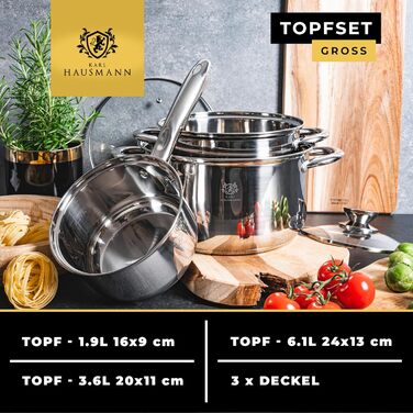 Набір каструль з нержавіючої сталі 3 шт. для всіх типів плит - каструлі з мірною шкалою, з кришкою з термостійкого скла