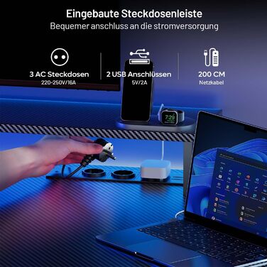 Ігровий стіл HLONONE з LED підсвічуванням, 120x60 см: стіл для геймінгу та офісу з 3 розетками та 2 USB-портами, стійкий комп'ютерний стіл, чорний