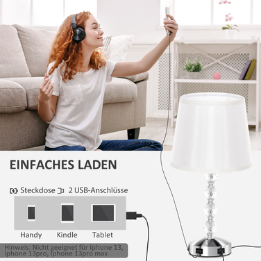 Настільна лампа HOMCOM LED з USB-зарядкою, кришталева нічна лампа, патрон E27, для вітальні, спальні, скло, срібло 23 x 23 x 45 см | Aosom