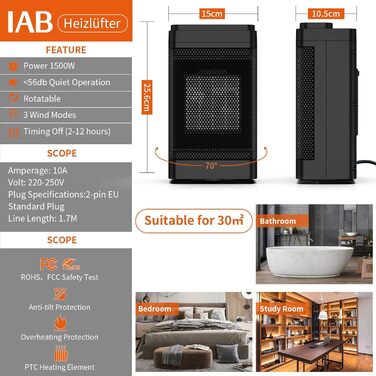 Тепловентилятор IAB 1500W PTC, портативний, LED-дисплей, 3 режими, вібрація 70, таймер, захист від перегріву, ванна кімната/офіс