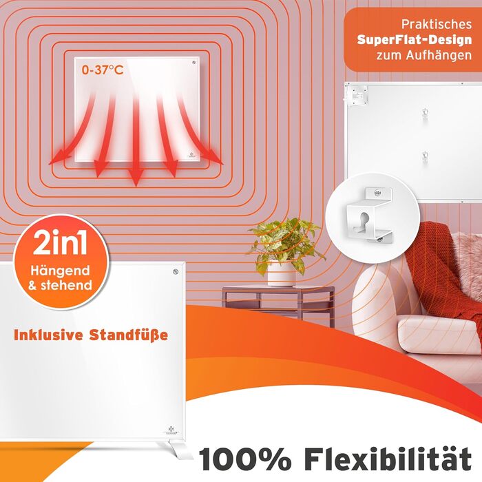 Інфрачервовий обігрівач KESSER® 350W: підлоговий/стінний, з пультом, термостатом та керуванням через додаток. Економія енергії, білий.