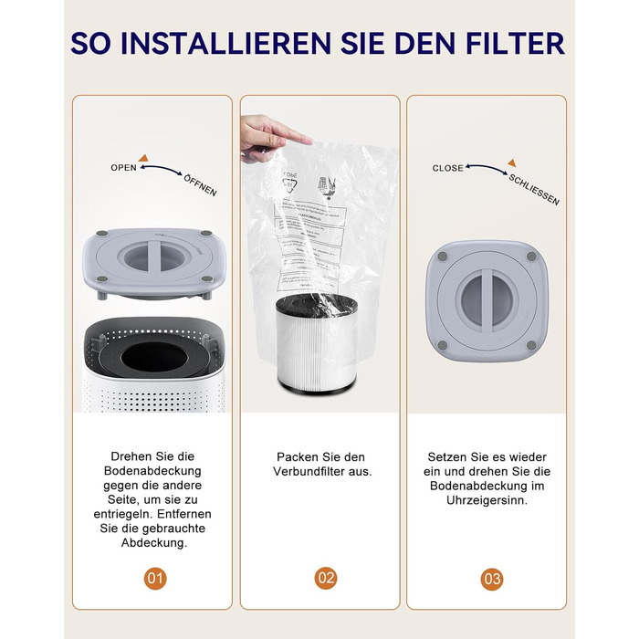 Повітряочисник для великих спалень до 70 м² з CADR 223 м³/год, тихий H13 HEPA повітряочисник з режимом сну 15 дБ, 3-в-1 фільтр видаляє 99,97% пилку, пил, шерсть тварин, запахи