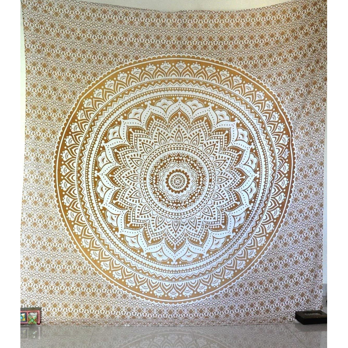 Настінний гобелен з бавовняною мандалою в галереї Aakriti-богемне покривало, ковдра в стилі бохо / гобелени для вітальні, домашній декор (Старе Золоте омбре , 235 x 210 см)