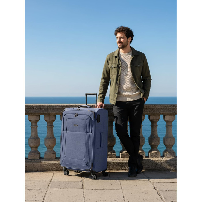Набір валіз REDOLZ 3 шт. для жінок та чоловіків | Легкі та міцні валізи-ролики, якісний софт-кейс, 4 подвійні колеса, TSA-замок, розширювані | Blue, L (79 см)