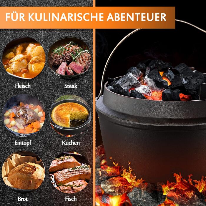 Нідерландський горщик (Dutch Oven), набір 9 літрів, чавунний горщик з кришкою-підйомником, 2-в-1, для приготування їжі на відкритому вогні та в приміщенні, чорний